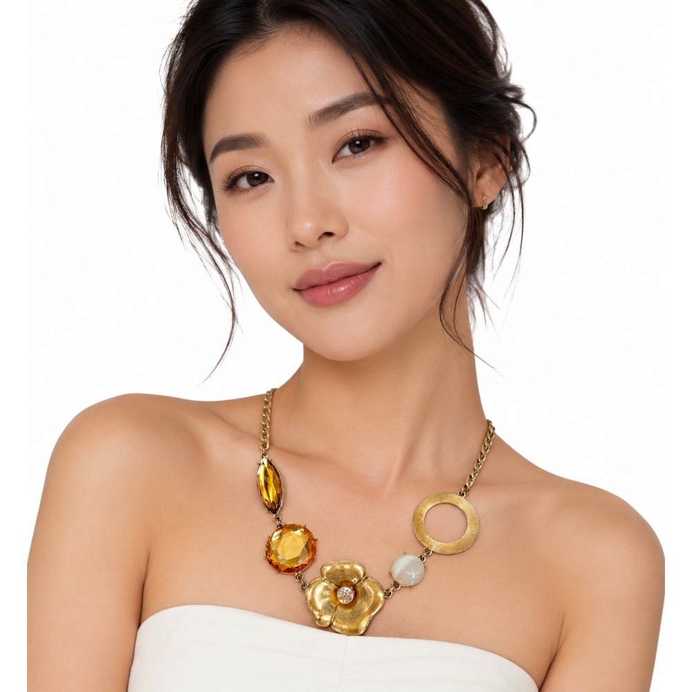 Liz Claiborne Gold Tone Amber Crystal Flower Asymmetrical Necklace Retro 103-164
